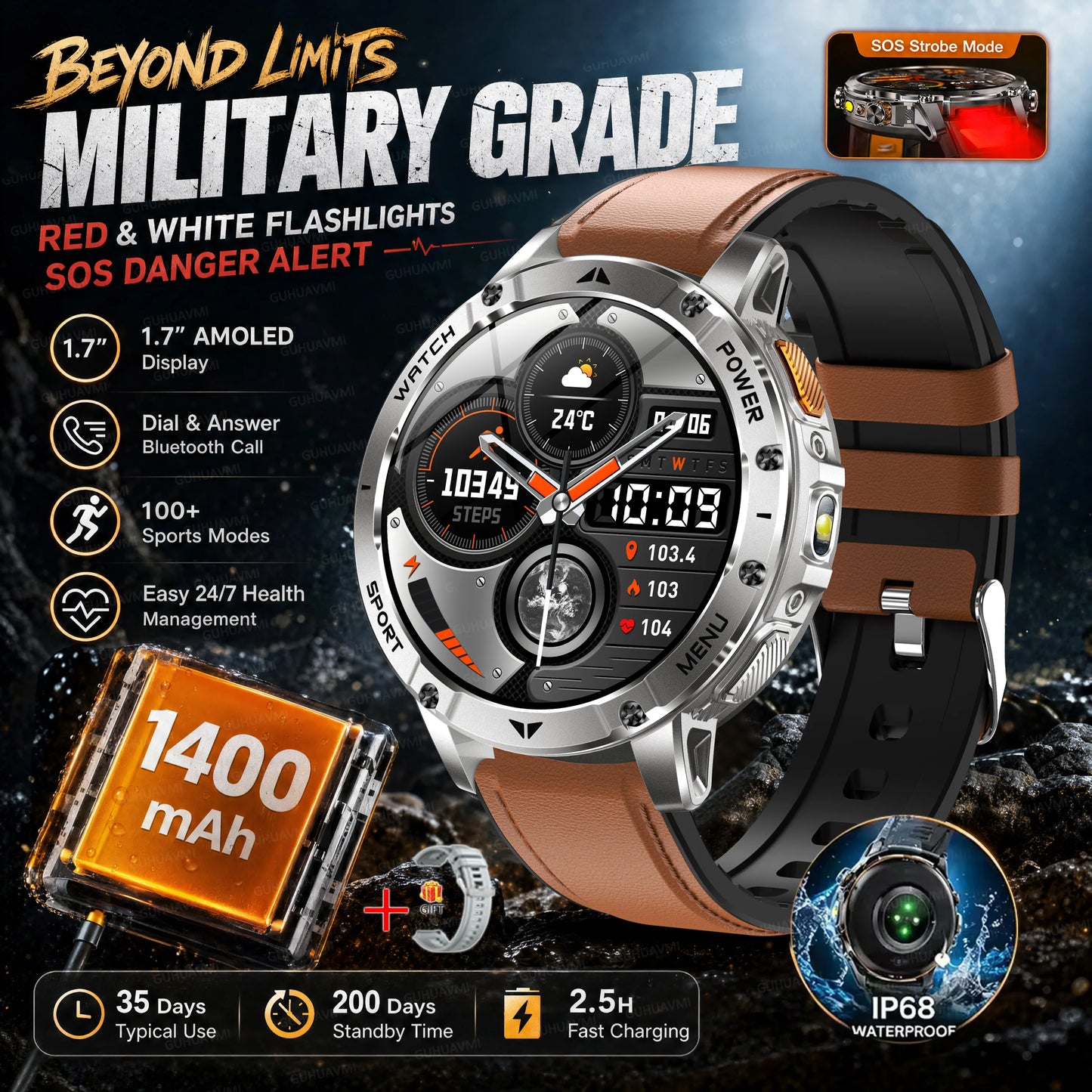2026 New Military Outdoor Smart Watch Men 10ATM Waterproof Diving Heart Rate Monitor LED Flashlight Bluetooth Call Fitness Watch