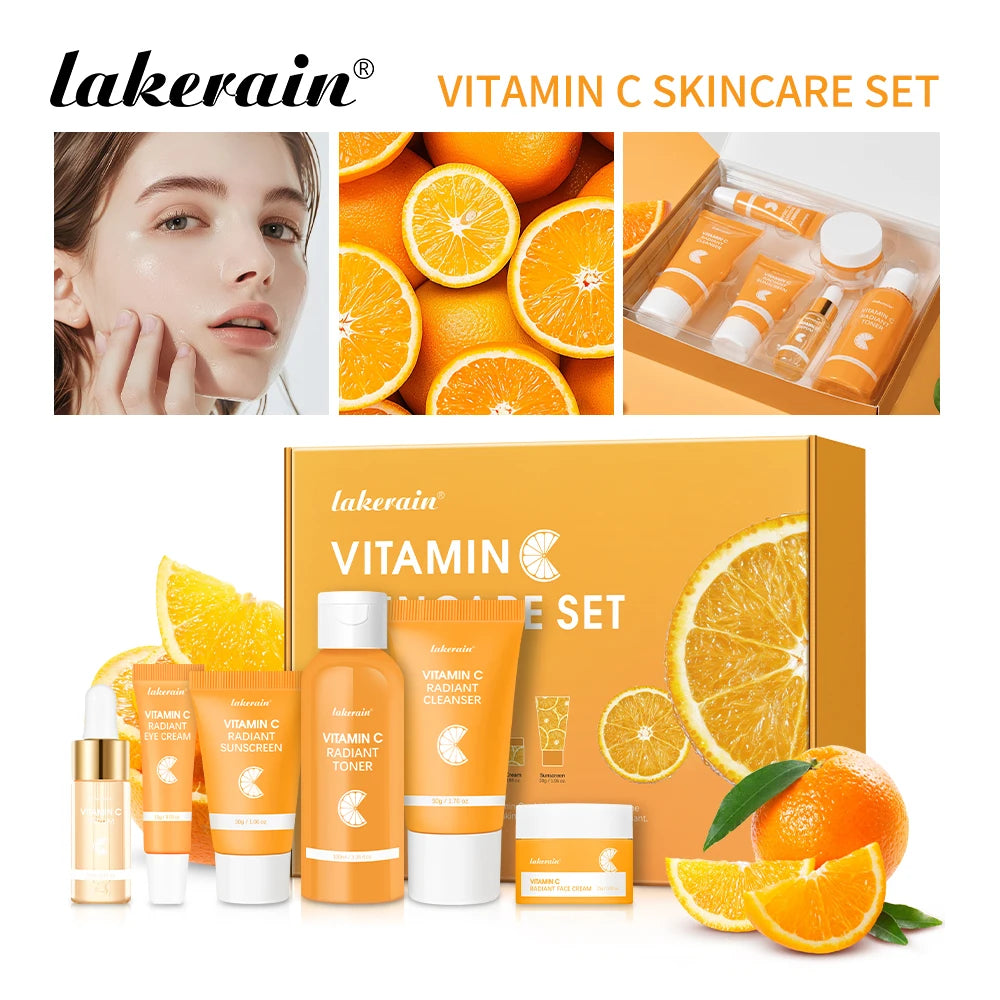Lakerain Vitamin C Skin Care Set 6pcs Kit Whitening Cream Dark Spots Serum Dark Circle Eye Facial Moisturizing Lightening Kits
