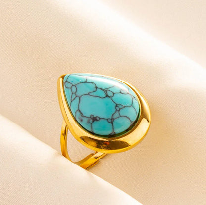 Turquoise Finger Jewelry Long Oval Sun Heart Water Drop Stainless Steel Rings For Women Men Accessories Gold Plated Open Anillos
