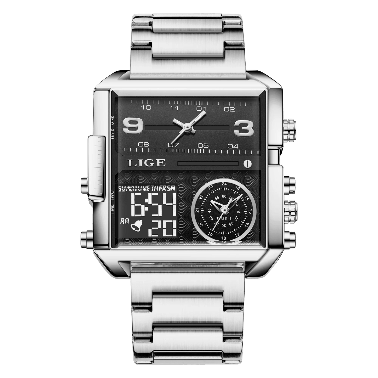 LIGE New Top Brand Luxury Fashion Men Watches Gold Steel Sports Square Digital Analog Big Quartz Watch for Man relogio masculino