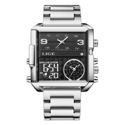 LIGE New Top Brand Luxury Fashion Men Watches Gold Steel Sports Square Digital Analog Big Quartz Watch for Man relogio masculino