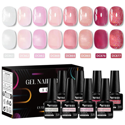 8PCS 7ml Jelly Nude Gel Nail Polish Kit with Gift Box Light Pink Translucent White Shimmer Glitter Soak Off UV LED Gel Varnish