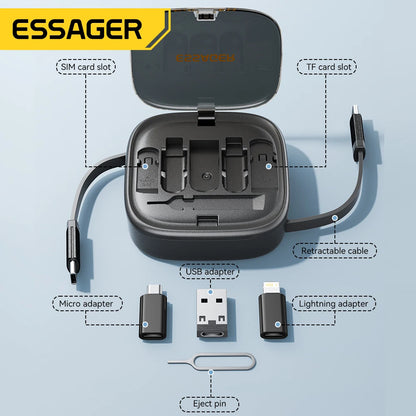 Essager 60W Fast Charge USB A/C To TypeC Micro Lightning Cable Mini Multifunctional Travel Storage Box With Phone Holder Pin Set
