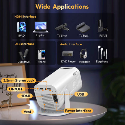 XGODY Gimbal 3 Pro Mini Smart Projector, 300 ANSI, Native 720P, Android 11, WiFi 6 & BT 5.4, Auto Keystone Correction, Wireless Screen Mirroring, 20-120 Inch HD Home Theater Projector for Bedroom Movies Gaming, Support HDMI U