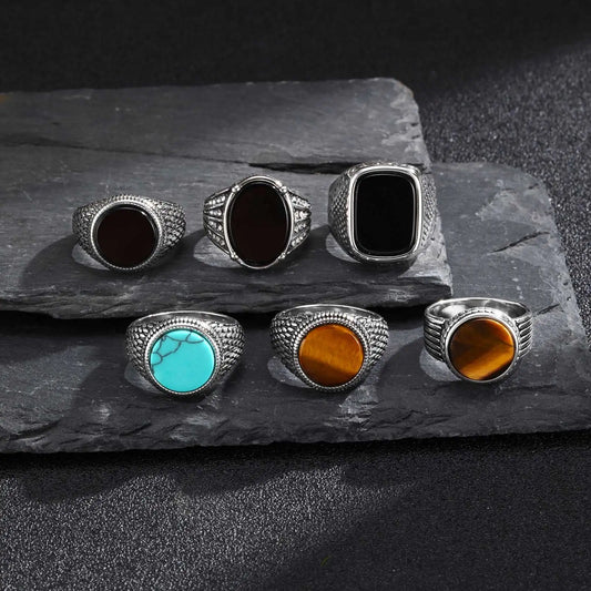 Geometric Turquoise Tiger Eyes Natural Stone Ring for Men, Chunky Stainless Steel Signet Rings, Fashion Punk Finger Jewelry Gift