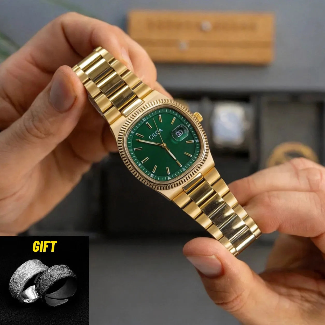 CILOA Square Green Watch for Men High-End High-Quality Casual Fashionable Light Luxury Gift New Style Waterproof Quartz Watch