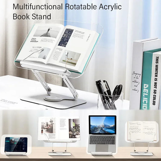 NEW Book Stand for Reading Adjustable Book Holder with 360° Rotating Base Elastic Page Clips Foldable Desktop Riser Stand - Urbizia
