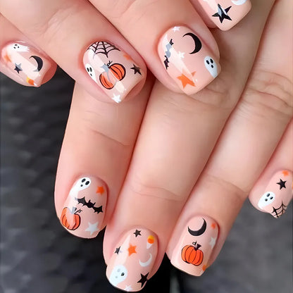 24Pcs Halloween Spider Print False Nails – Gothic Short Round Press-on Nail Tips for Women