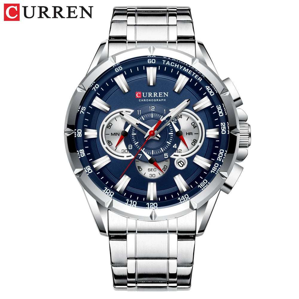 CURREN 8363 Casual Sport Chronograph Men's Watches Stainless Steel Band Wristwatch Big Dial Quartz Clock with Luminous Pointers