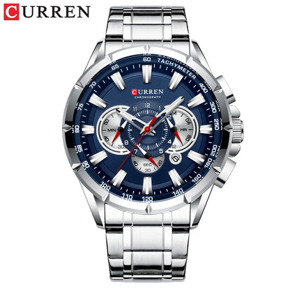 CURREN 8363 Casual Sport Chronograph Men's Watches Stainless Steel Band Wristwatch Big Dial Quartz Clock with Luminous Pointers