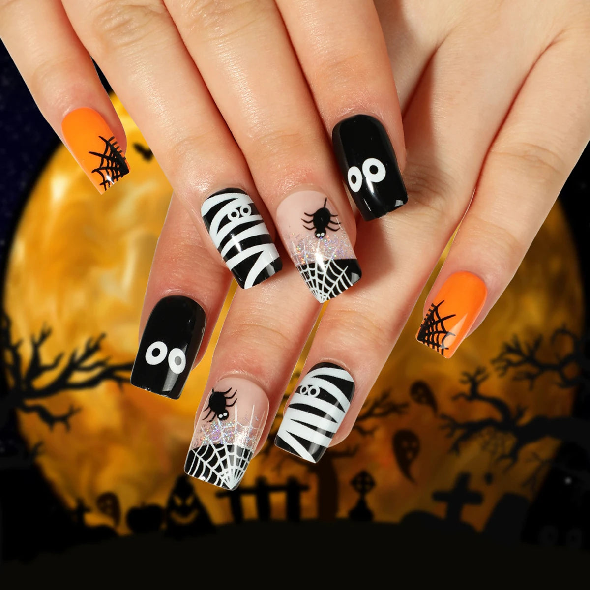 24Pcs Halloween Spider Fake Nails – Printed French Coffin Ballet Press-on Nails