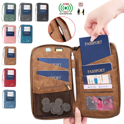 Travel Family Passport Holder RFIDShielded Large-Capacity Document Zippered Storage Wallet PU Clutch Bag Unisex Travel Accessory