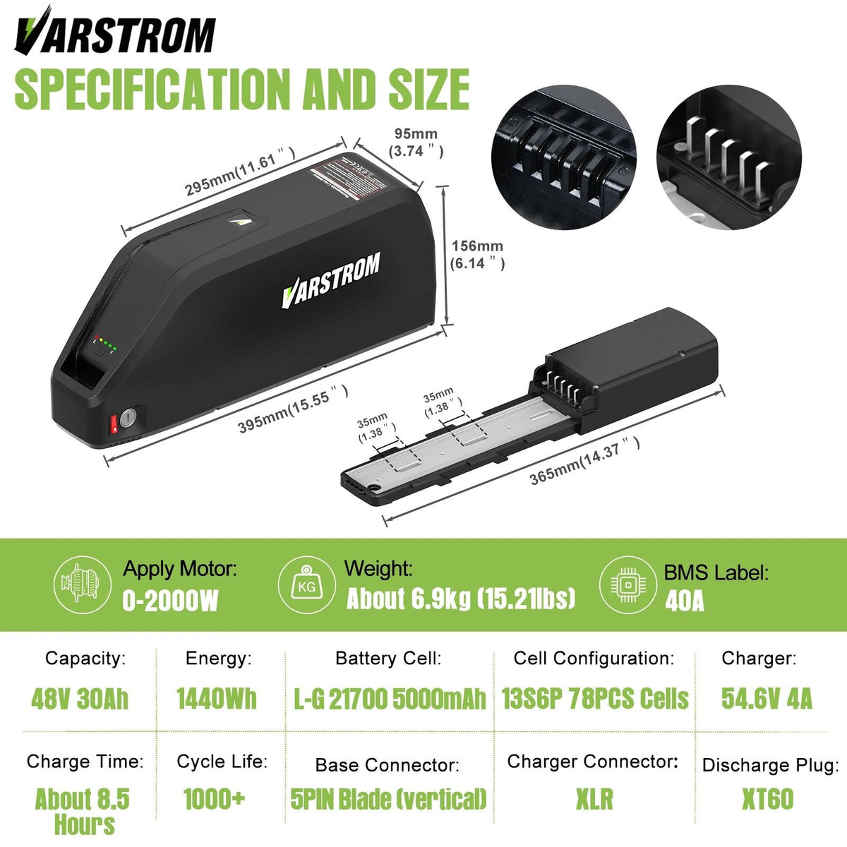 [US Stock] Varstrom Electric Bike Battery Hailong 48V 52V 20AH 30A Downtube Pack with 21700 Battery Cells 40A BMS for BBS02 TSDZ8 EBike Motor