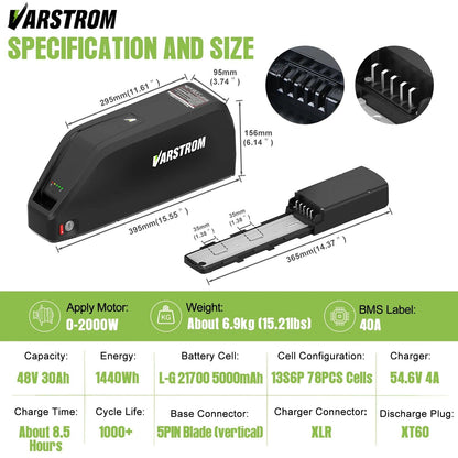 [US Stock] Varstrom Electric Bike Battery Hailong 48V 52V 20AH 30A Downtube Pack with 21700 Battery Cells 40A BMS for BBS02 TSDZ8 EBike Motor