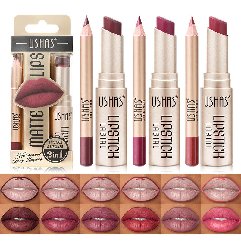 USHAS 12-Color Lip Liner & Matte Lipstick Set