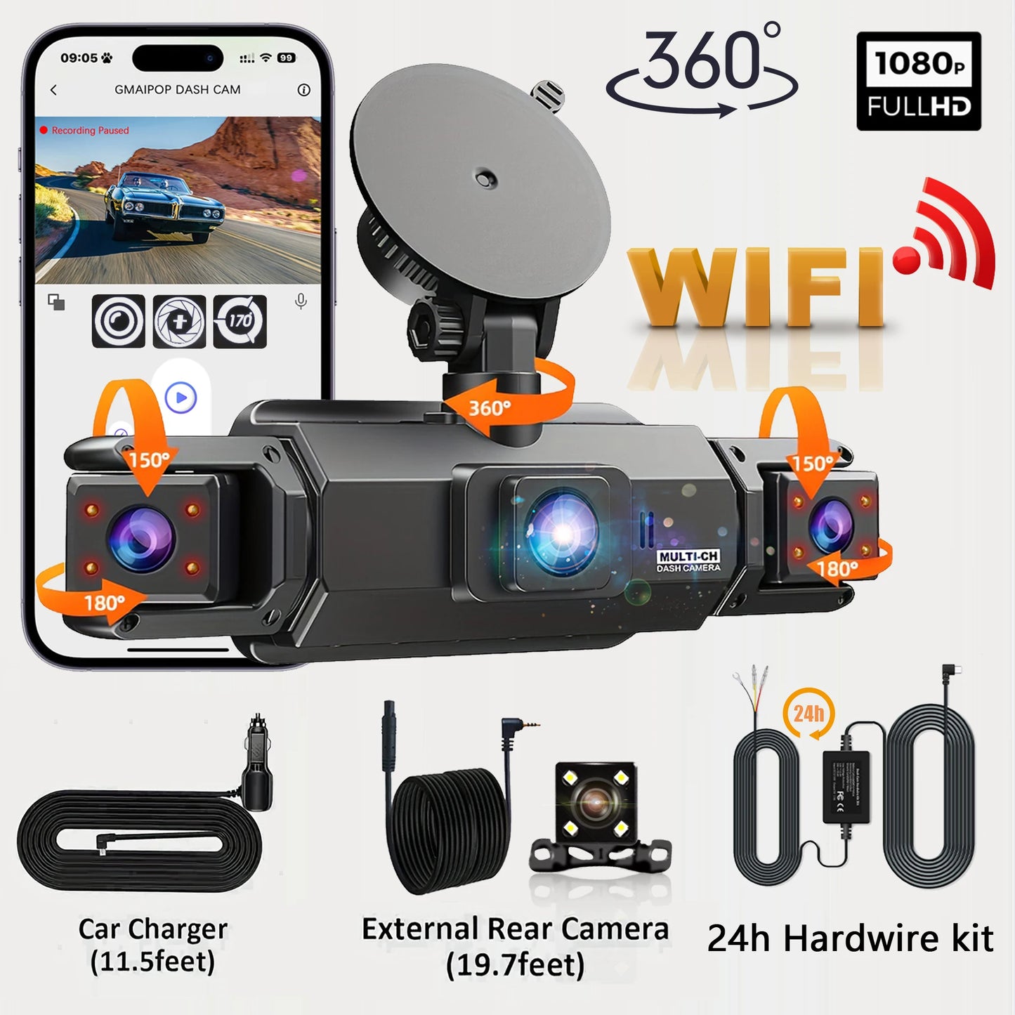 Dashcam for Cars 4 Channel Black Box WiFi Driving Camera FHD 1080P Night Vision Loop Recording Add Hardwire Kit Car Accessories