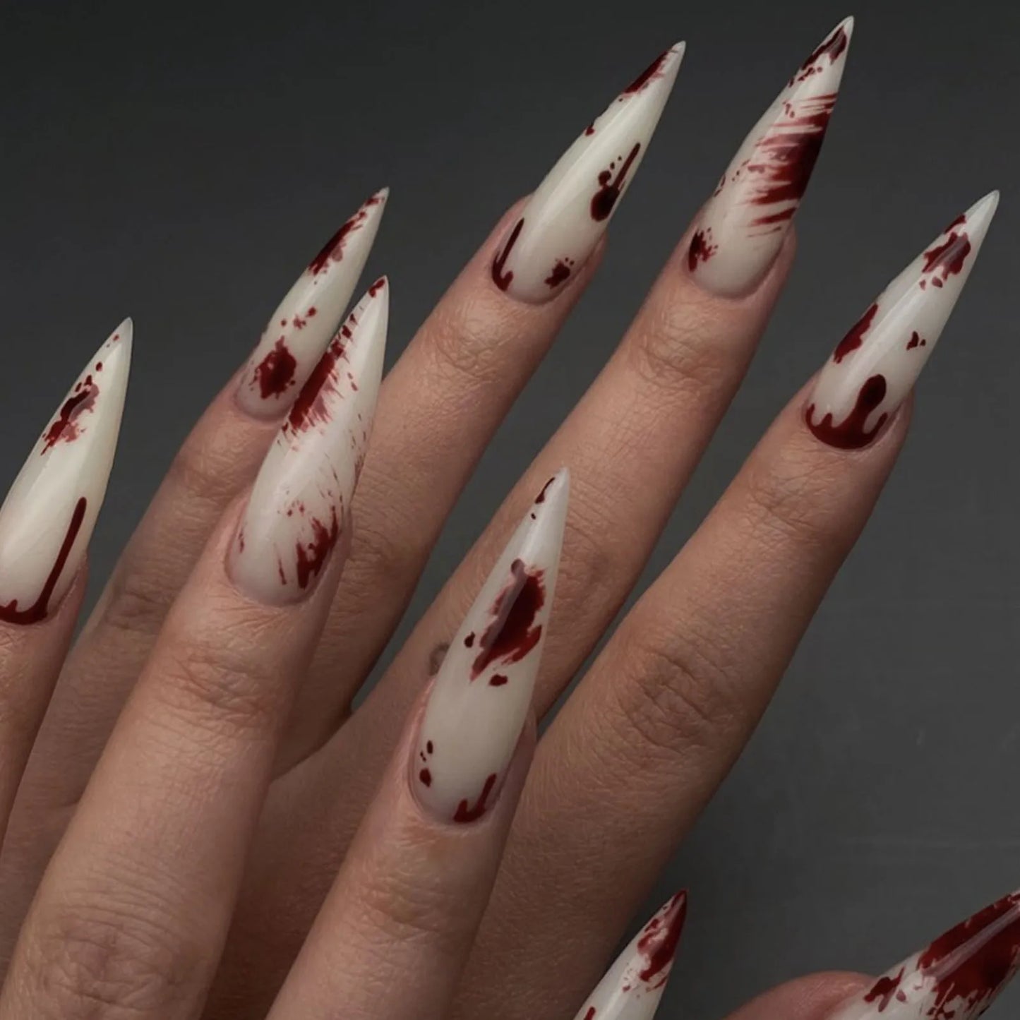 24pcs Blood Red Gradient Long Pointed Fake Nails – Full Cover Halloween Press-On Nail Tips
