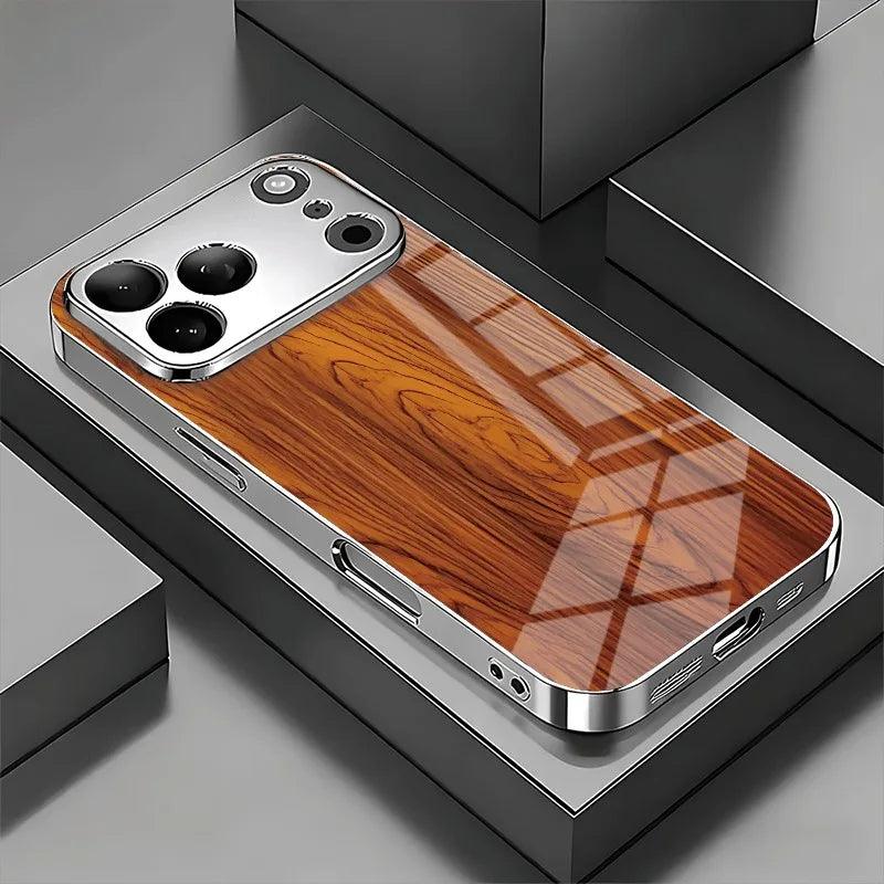 iPhone Wood Texture Tempered Glass Electroplate Case