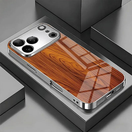 Solid Wood Texture Pattern Tempered Glass Phone Case For iPhone 17 16 15 14 13 12 11 Pro Max 16 Plus 17 Air Electroplate Cover