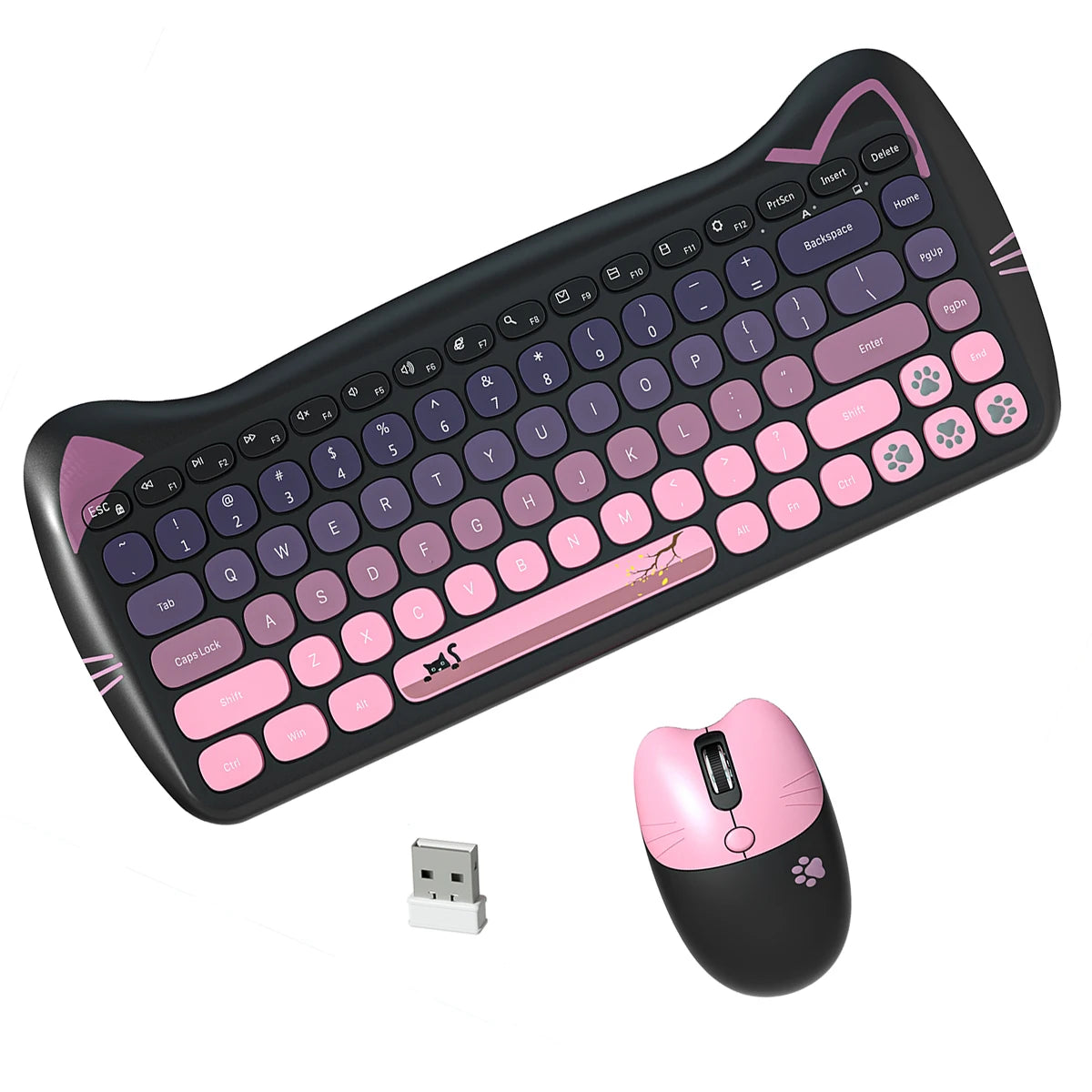 GEEZER Wireless Connection Cute Cat Shape Mixed Color Keycaps Ergonomic Cute Cat Style Keyboard Mouse Set