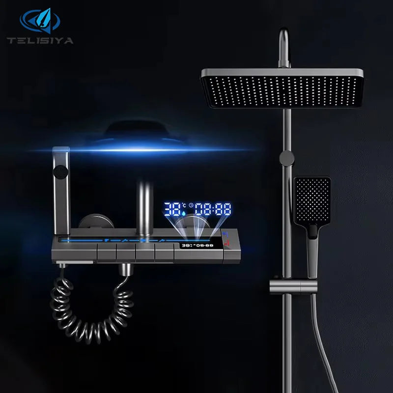 Grey Piano Button Ambient Light Bathroom Shower Full Set Digital Display Shower System Sets Rain Faucets Shower Head