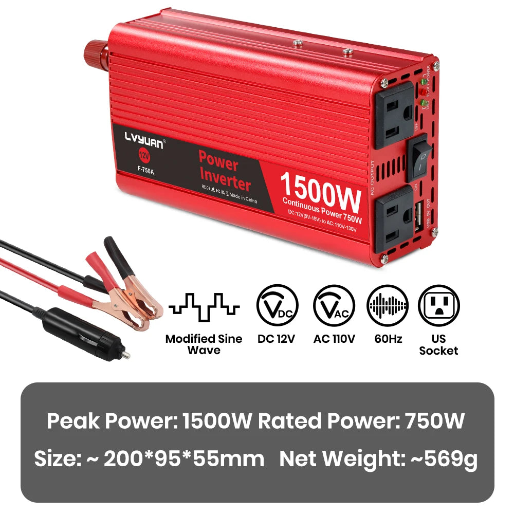 2600W 2000W 1500W LVYUAN Power Inverter 12V 110V 60Hz Car Inverter Dual US Sockets&USB Output Camping/Traval/RV Power Supply