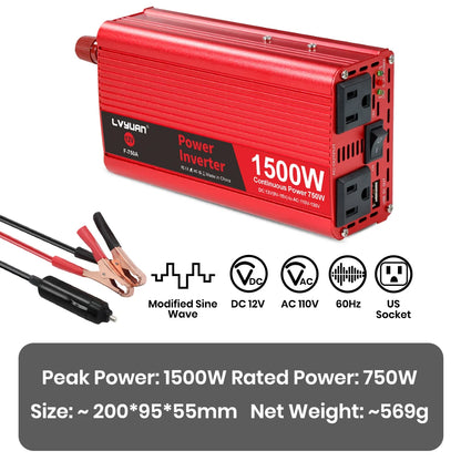2600W 2000W 1500W LVYUAN Power Inverter 12V 110V 60Hz Car Inverter Dual US Sockets&USB Output Camping/Traval/RV Power Supply