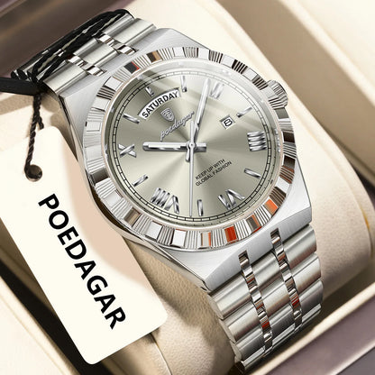 POEDAGAR Luxury Business Man Watch Week Date Waterproof Luminous Watches For Men Stainless Steel Quartz Fashion Men's Wristwatch