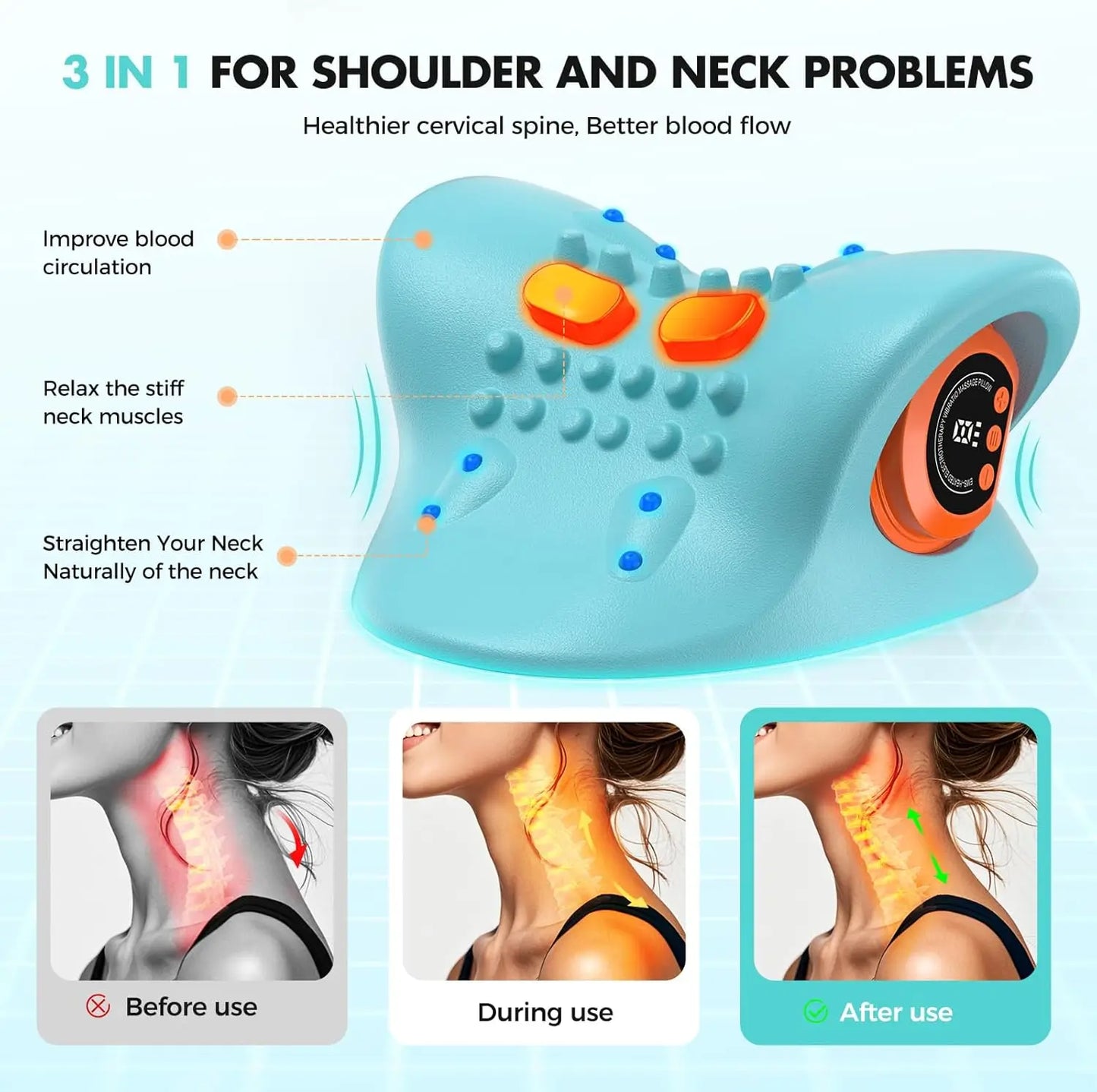 Rechargeable Portable Neck Massager Pillow3-in-1 Shiatsu Neck & Back Massager with Remote Control - Heat/Vibration/Deep Tissue