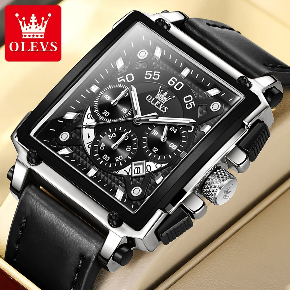 OLEVS 9919 Men Watch Original Brand Square Quartz Watch Waterproof Luminous Leather Strap Sport Clock Male Watch For Men