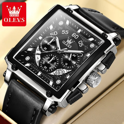 OLEVS 9919 Men Watch Original Brand Square Quartz Watch Waterproof Luminous Leather Strap Sport Clock Male Watch For Men