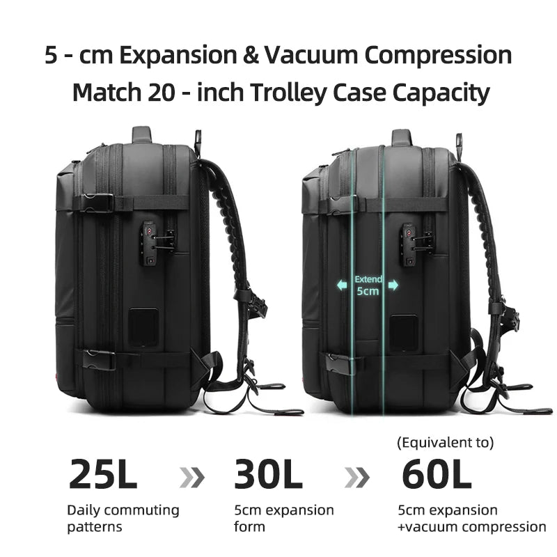 Men Travel Backpack One Click Start Pump Vacuum Compression Laptop Backpack Hiking Business 60L Extended Mountaineering Backpack