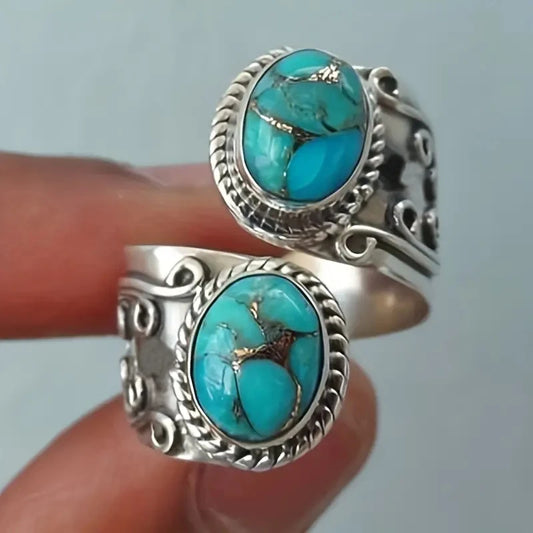 Huitan Vintage Style Opening Ring Female Anniversary Party Accessories Retro Blue Imitation Turquoise Stones Finger Jewelry Gift