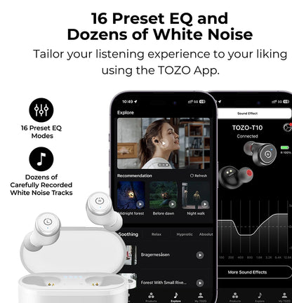 Refurbished TOZO Ergonomic Headsets TWS Earbuds AI Via APP Wireless Touch Control  IPX8 HiFi Sound Stereo for IOS Android PC