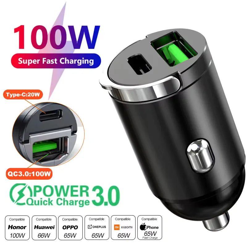 100W/200W QC3.0 PD Mini Car Charger 12-24V Lighter Fast Charging Car USB Type C Charger for Xiaomi Samsung Huawei iPhone Power