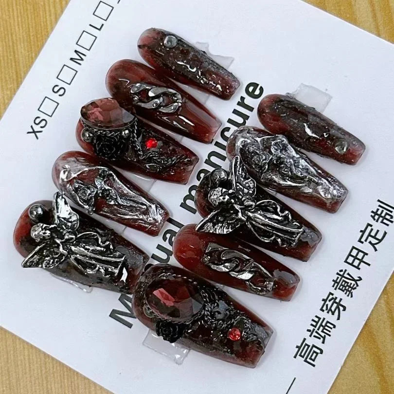 Sweet Cool Dark Style Handmade Fake Nails – Star River & Scarlet Angel Halloween Nail Art Patches