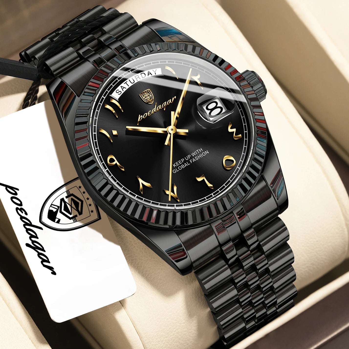 POEDAGAR Top Trendy Man Clock Stainless Steel Waterproof Business Men Watch Date Week Quartz Creative Men's Watches Reloj Hombre