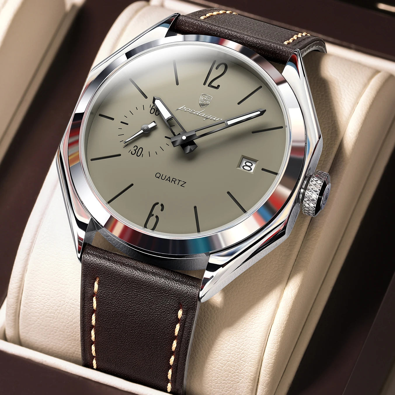 POEDAGAR Original Fashion Male Wristwatch Leather Quartz Business Men Watch Waterproof Luminous Date Elegant Men's Watches Reloj