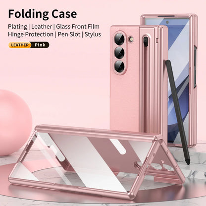 VIETAO Pink Leather Mobile Phone Cases For Samsung Galaxy Z Fold 7 Case With Pen, Full Protection Z Fold 6 Cover With Glass Film