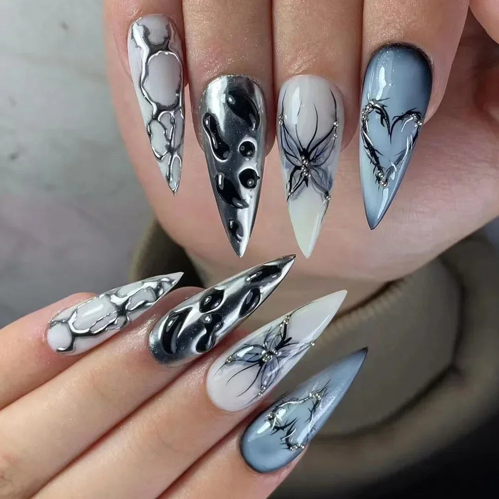 Punk 3D Gold Line & Silver Star Extra Long Pointed Fake Nails – Y2K Metal Halloween Press-on Manicure Set