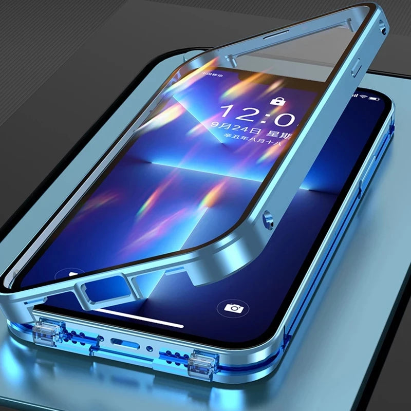 360°Full Protection Metal Magnetic Double-Sided Glass Lock Buckle Phone Case For iPhone 16 Pro Max 14 12 13 11 15 Pro Max Cover