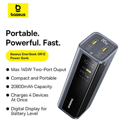 Baseus EnerGeek 145W Power Bank 20800mAh Dual USB A USB C PD 100W Fast Charging Digital Display Portable PowerBank for Laptop