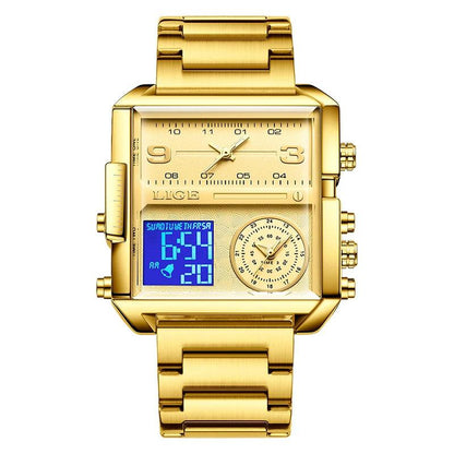 LIGE New Top Brand Luxury Fashion Men Watches Gold Steel Sports Square Digital Analog Big Quartz Watch for Man relogio masculino