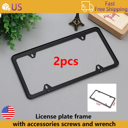2 Pcs Stainless Steel US-Spec License Plate Frame with Square Holes and Slim Edges Includes Accessory Screws and Wrench US size