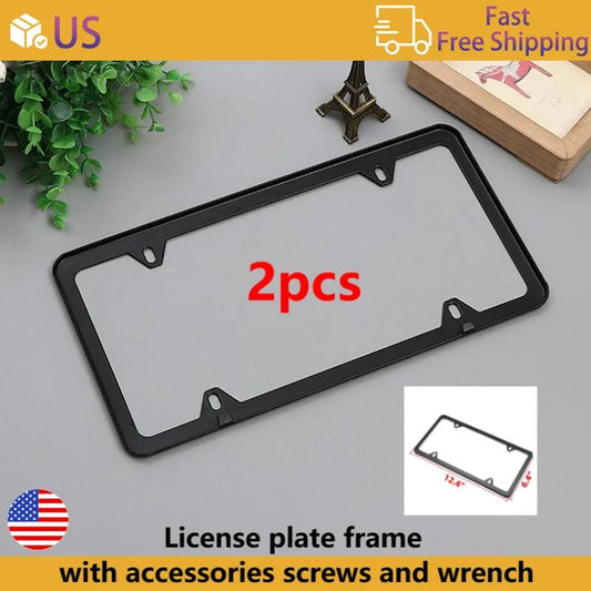 2 Pcs Stainless Steel US-Spec License Plate Frame with Square Holes and Slim Edges Includes Accessory Screws and Wrench US size