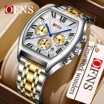 OFNS 1644 Fashion Men Quartz Wristwatch design six-pin Multifunction Chronograph Calendar Waterproof Steel Strap Sports Watches