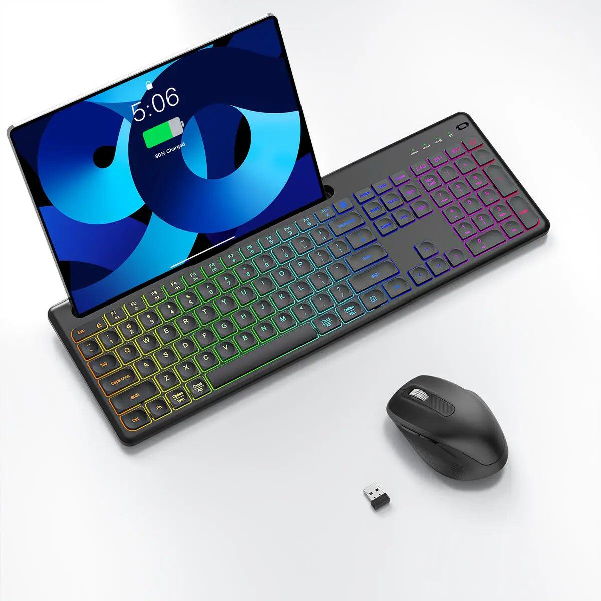 Wireless Keyboard and Mouse Combo with Backlit Full Size Ergonomic Keyboard with Phone Tablet Holder 2.4G Mouse for PC Laptop