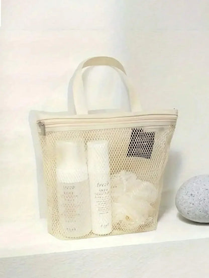 1pc Lightweight Mesh Shower Bag Travel Cosmetic Bag, Large Capacity Portable Toiletry Bag, Hanging Bathroom Storage Bag, Cute Handheld Makeup Brush Holder Bag With Zipper, Can Hold Lipstick