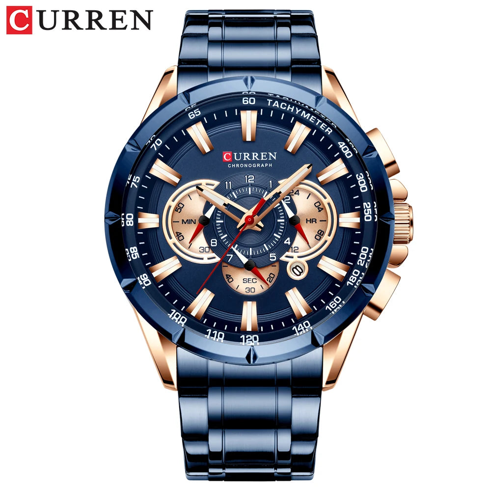 CURREN 8363 Casual Sport Chronograph Men's Watches Stainless Steel Band Wristwatch Big Dial Quartz Clock with Luminous Pointers