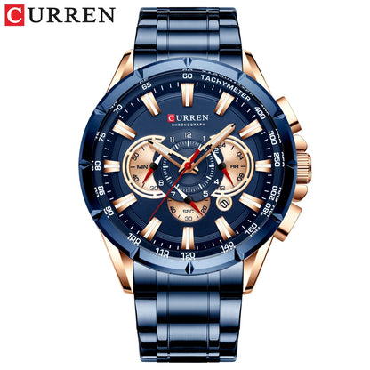 CURREN 8363 Casual Sport Chronograph Men's Watches Stainless Steel Band Wristwatch Big Dial Quartz Clock with Luminous Pointers